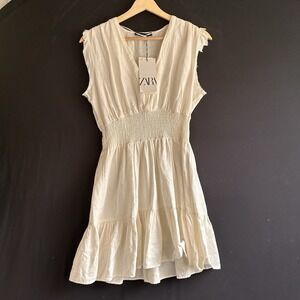 ZARA New White Bohemian Linen Blend Short Dress Size Small Raw Hem Smoked‎ Waist
